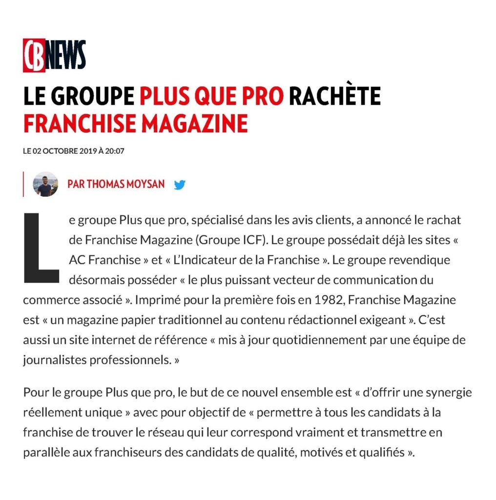 Article CB News - Rachat Franchise Magazine par Plus que PRO